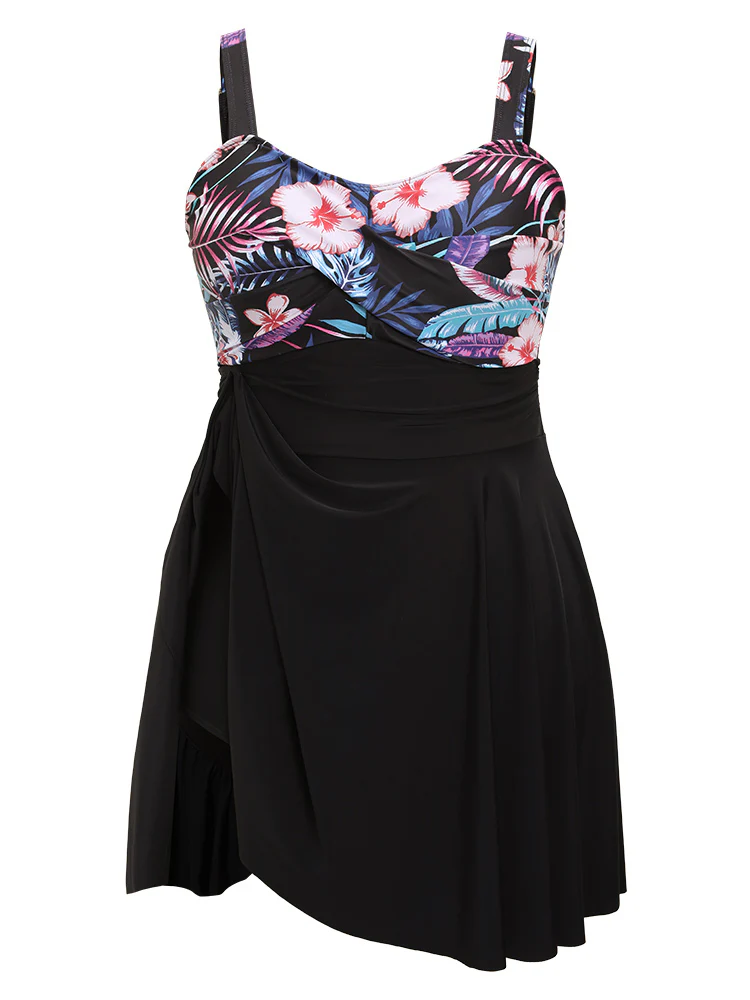 Floral Patchwork Flutter Hem Empire Waist Swim Dress - Image 10