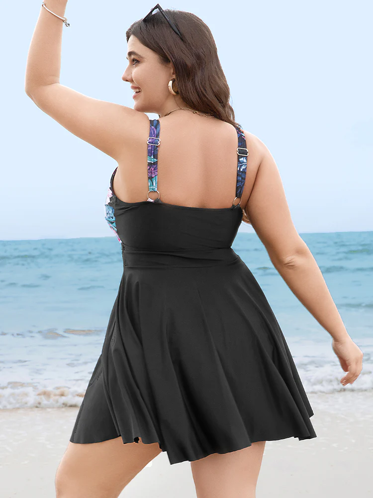 Floral Patchwork Flutter Hem Empire Waist Swim Dress - Image 2