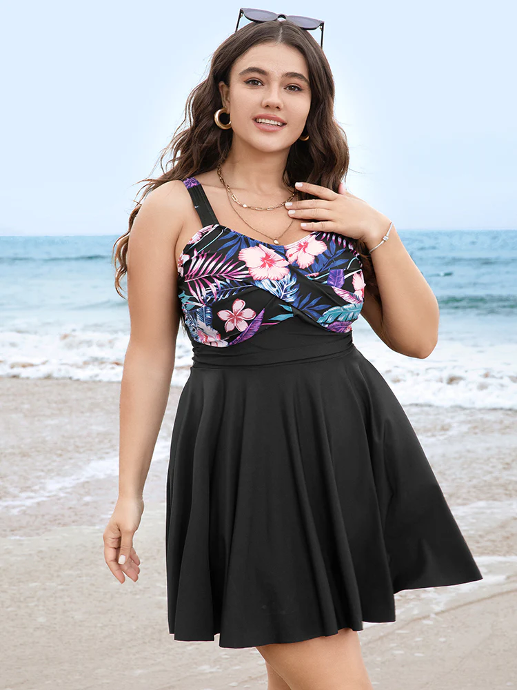 Floral Patchwork Flutter Hem Empire Waist Swim Dress - Image 3
