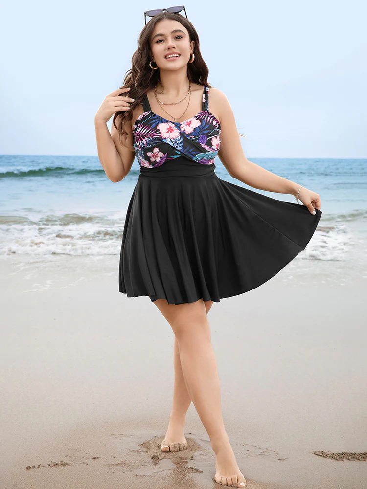 Floral Patchwork Flutter Hem Empire Waist Swim Dress - Image 5