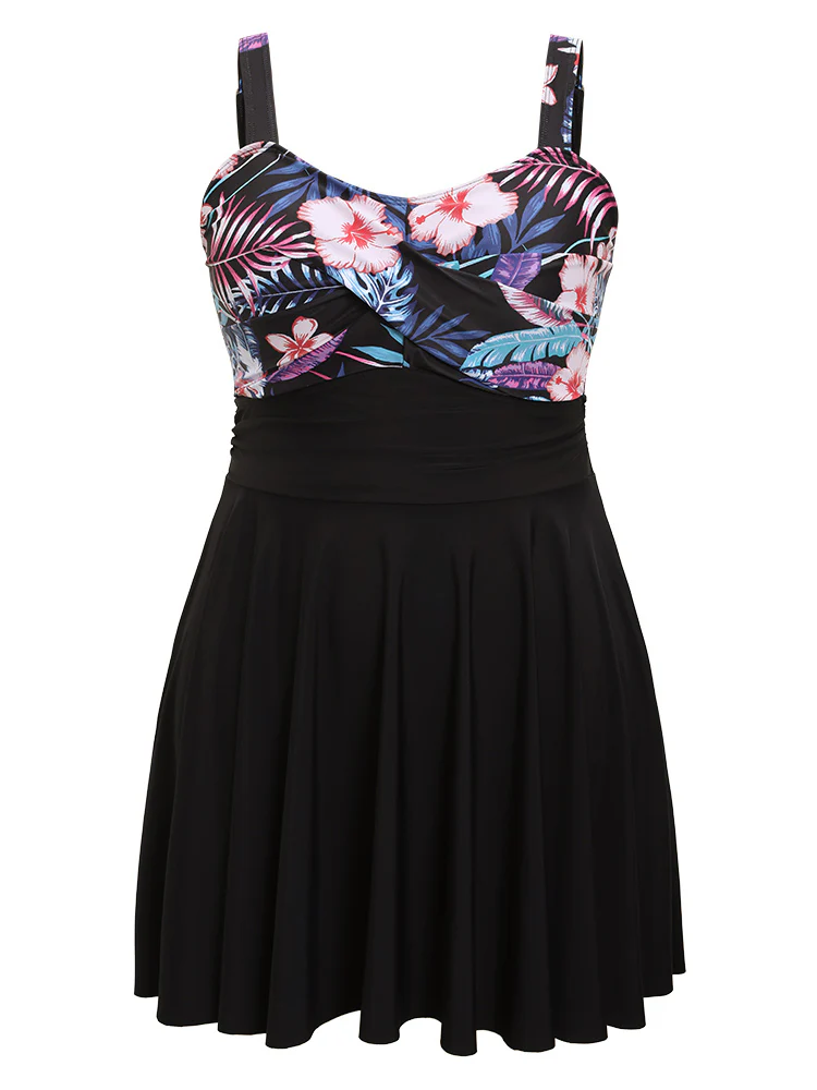 Floral Patchwork Flutter Hem Empire Waist Swim Dress - Image 9