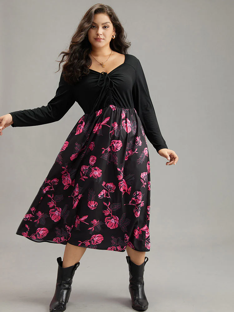 Floral Patchwork Gathered Drawstring Dress - Image 2