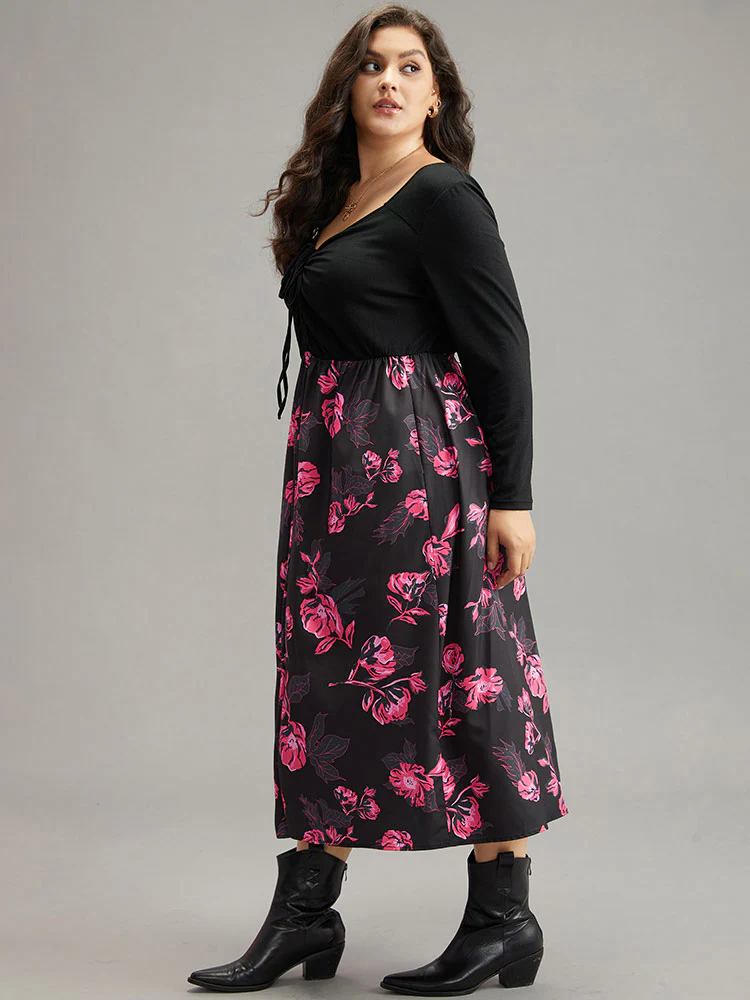 Floral Patchwork Gathered Drawstring Dress - Image 3