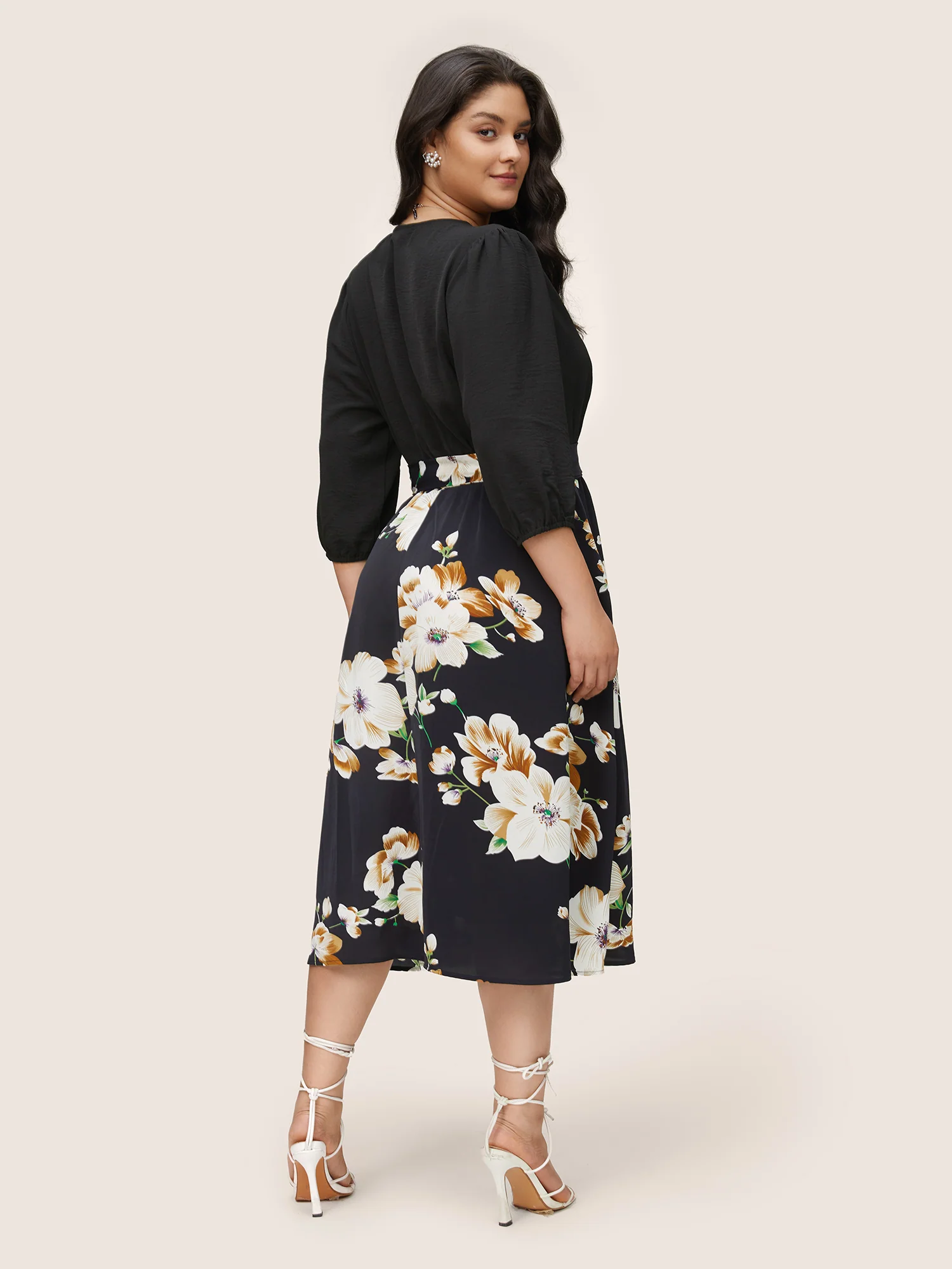 Floral Patchwork Half Zip Belted Lantern Sleeve Dress - Image 2