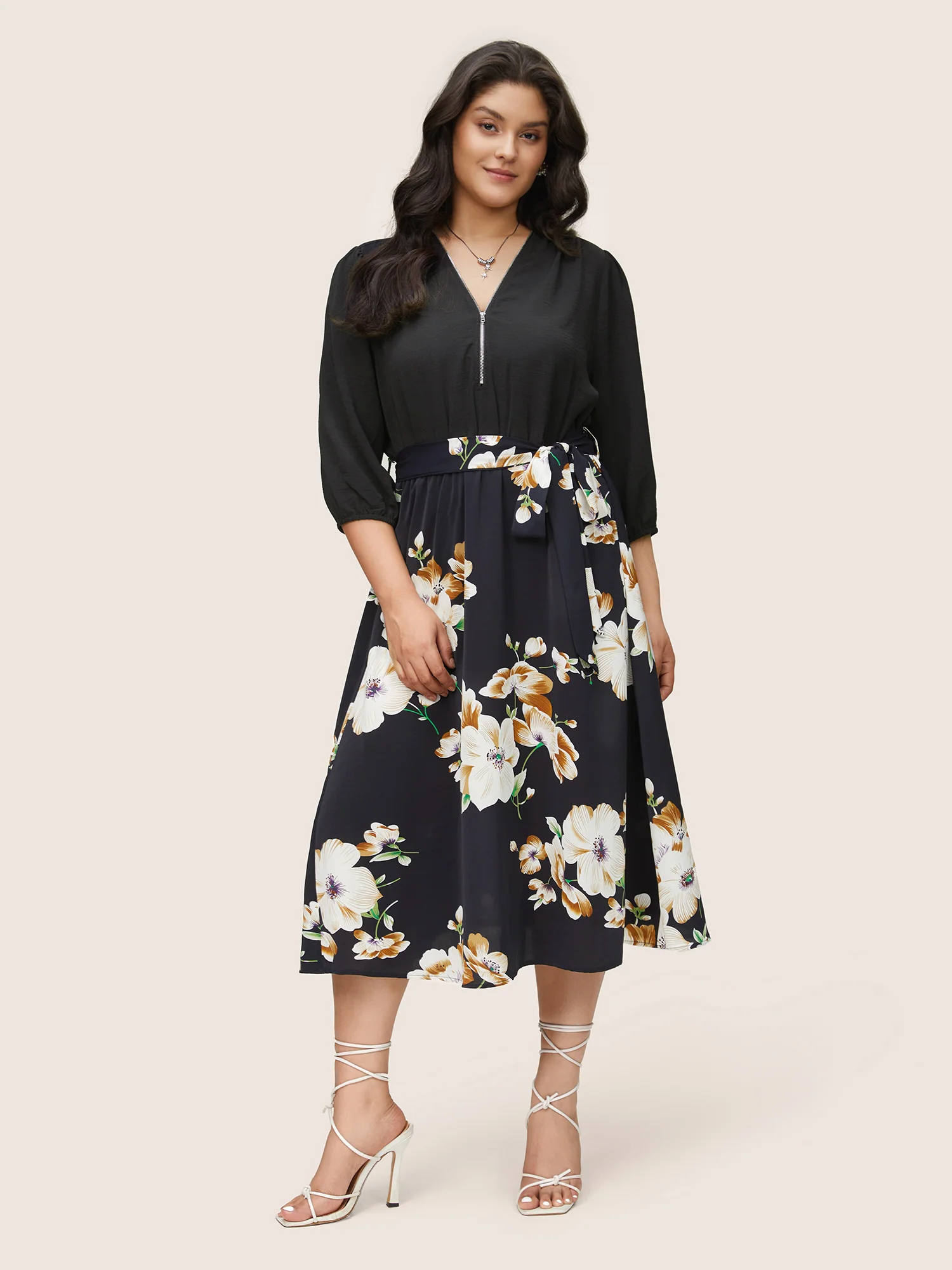 Floral Patchwork Half Zip Belted Lantern Sleeve Dress - Image 3