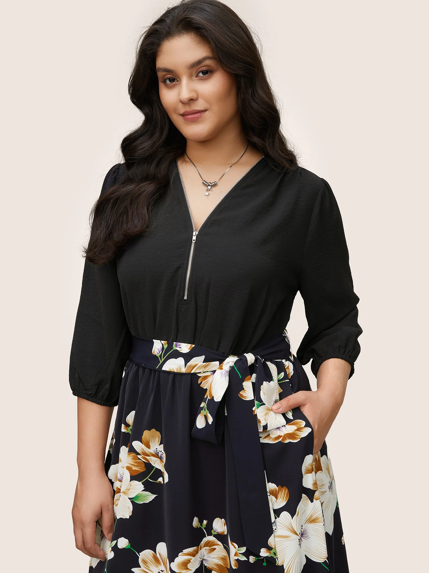 Floral Patchwork Half Zip Belted Lantern Sleeve Dress - Image 4