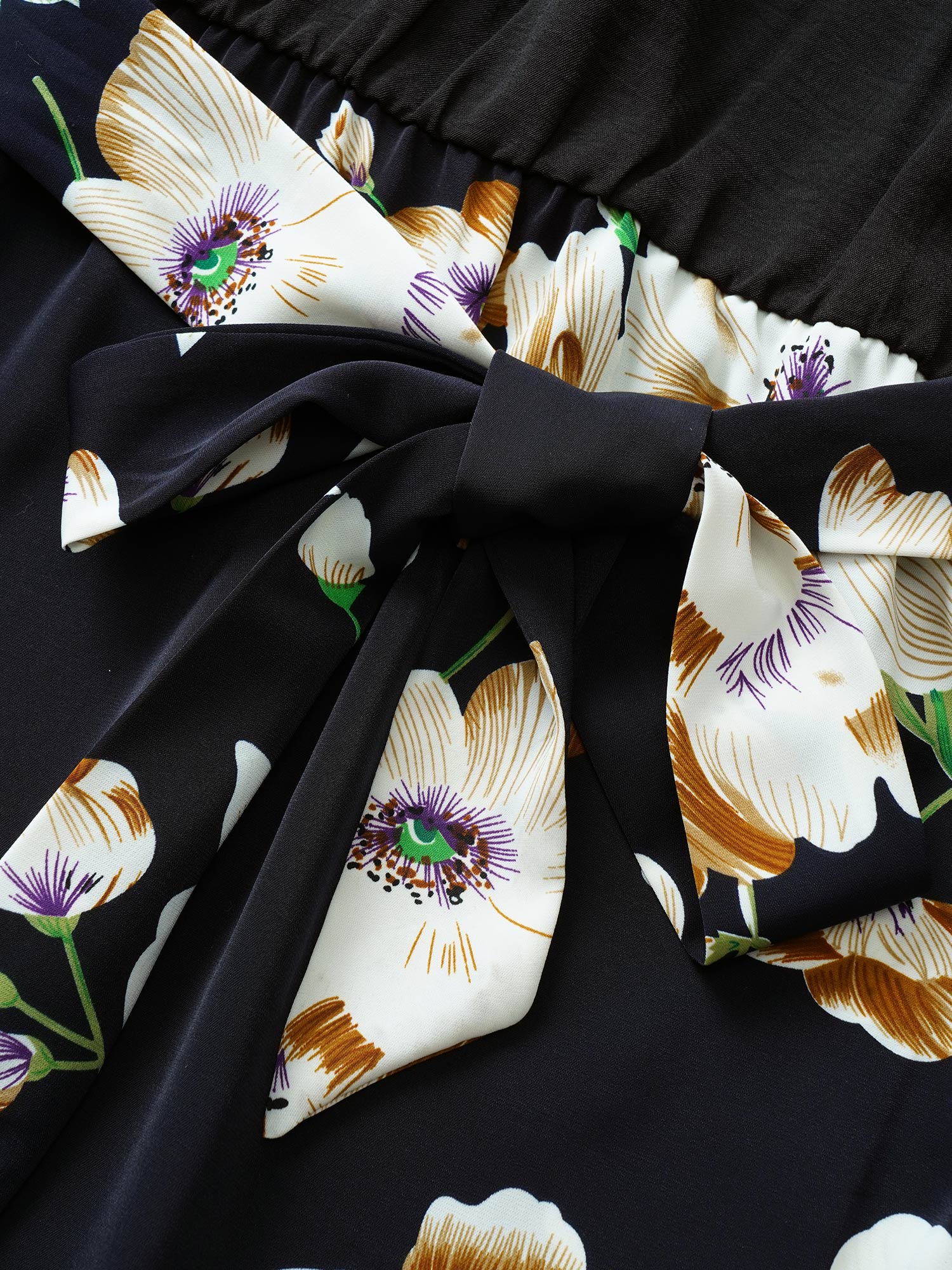 Floral Patchwork Half Zip Belted Lantern Sleeve Dress - Image 6