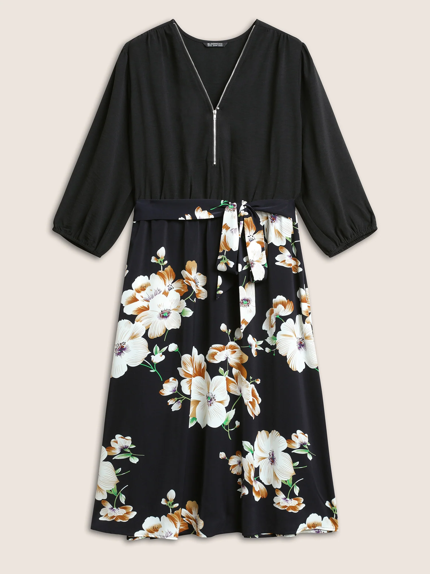 Floral Patchwork Half Zip Belted Lantern Sleeve Dress - Image 7