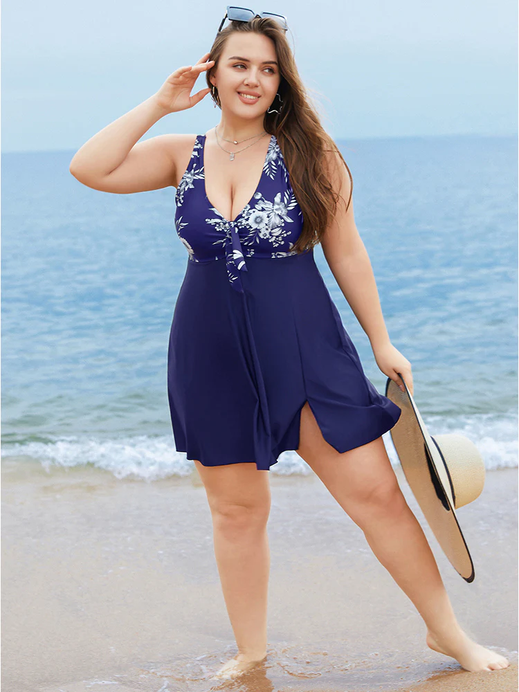Floral Patchwork Knotted Front Split Swim Dress - Image 12