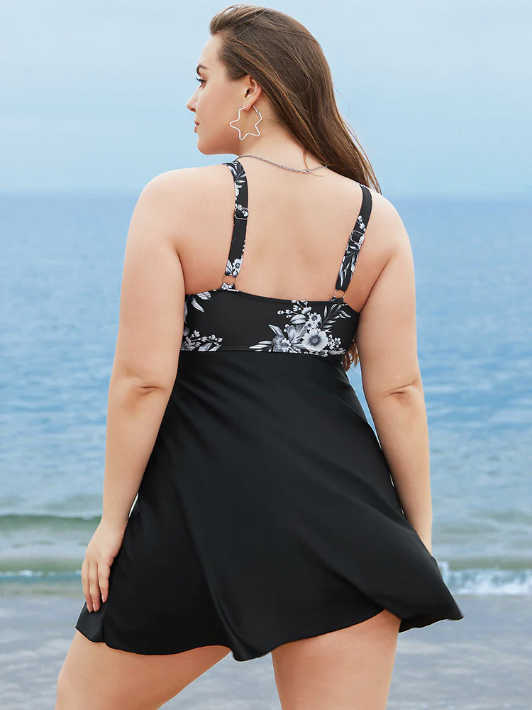Floral Patchwork Knotted Front Split Swim Dress - Image 2