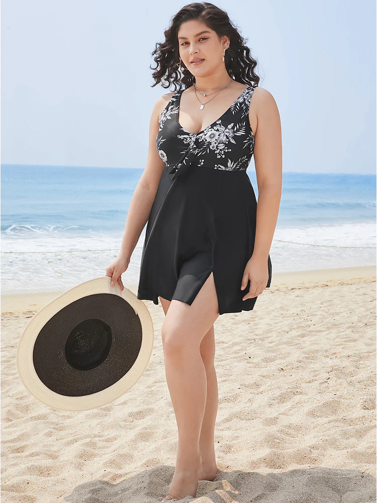 Floral Patchwork Knotted Front Split Swim Dress - Image 4