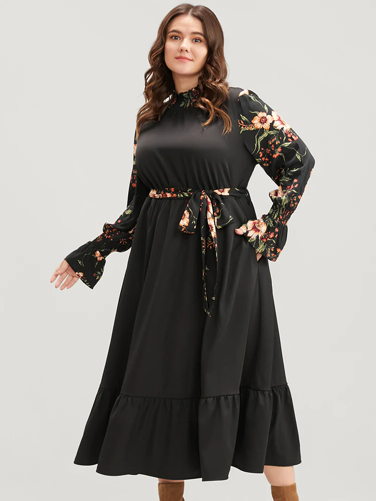 Floral Patchwork Lantern Sleeve Pocket Belted Shirred Mock Neck Dress - Image 2