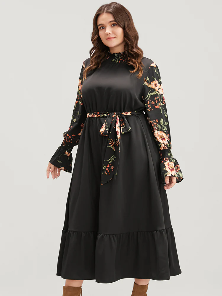 Floral Patchwork Lantern Sleeve Pocket Belted Shirred Mock Neck Dress - Image 3