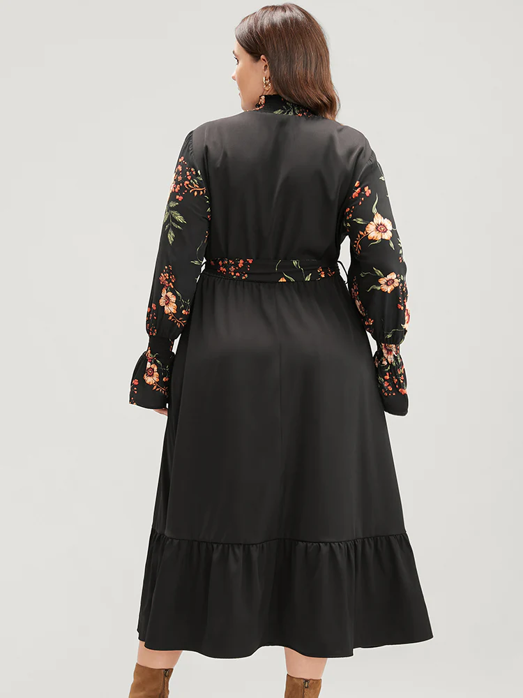 Floral Patchwork Lantern Sleeve Pocket Belted Shirred Mock Neck Dress - Image 4