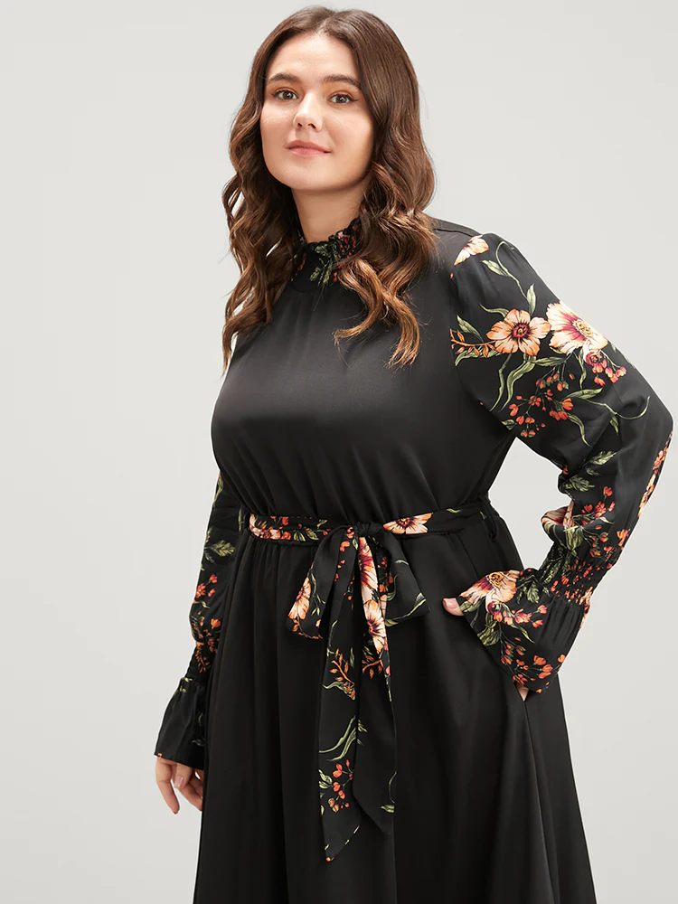 Floral Patchwork Lantern Sleeve Pocket Belted Shirred Mock Neck Dress - Image 5