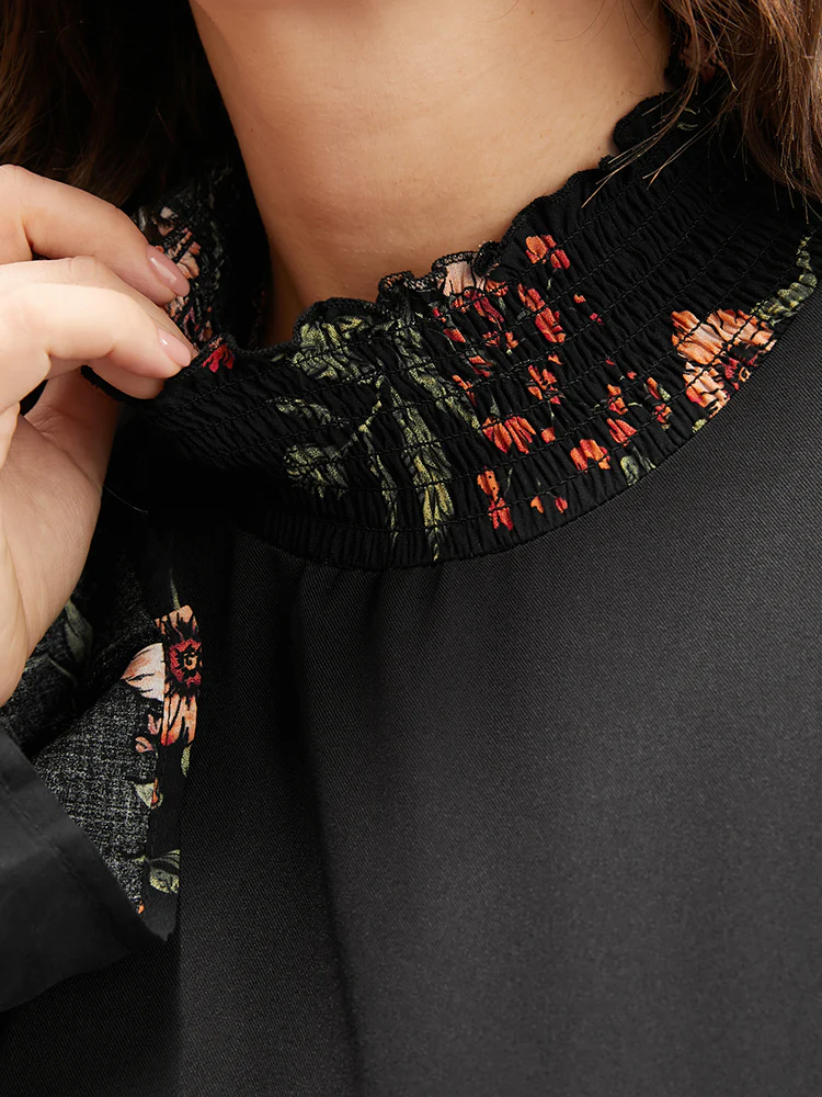 Floral Patchwork Lantern Sleeve Pocket Belted Shirred Mock Neck Dress - Image 6
