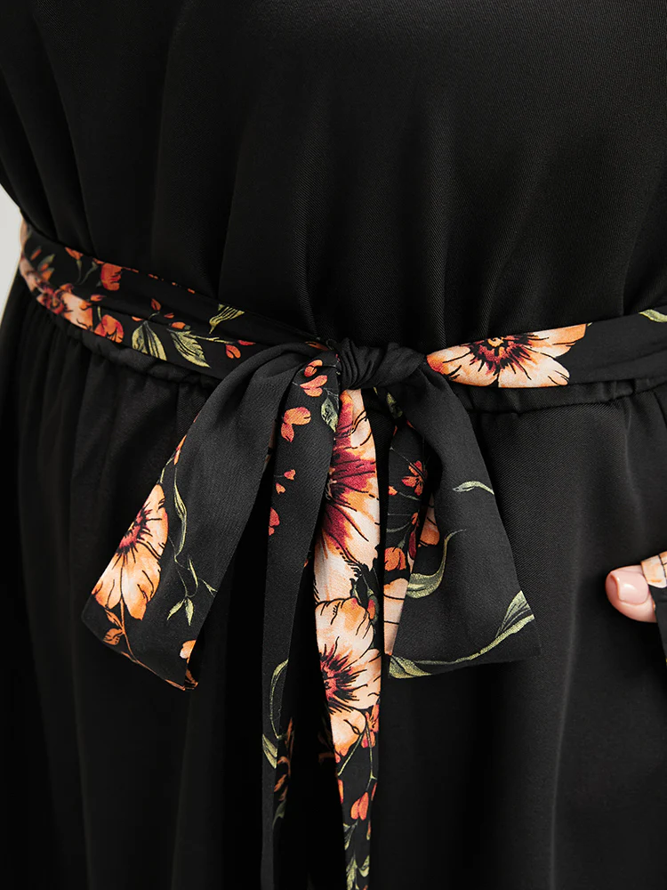 Floral Patchwork Lantern Sleeve Pocket Belted Shirred Mock Neck Dress - Image 7