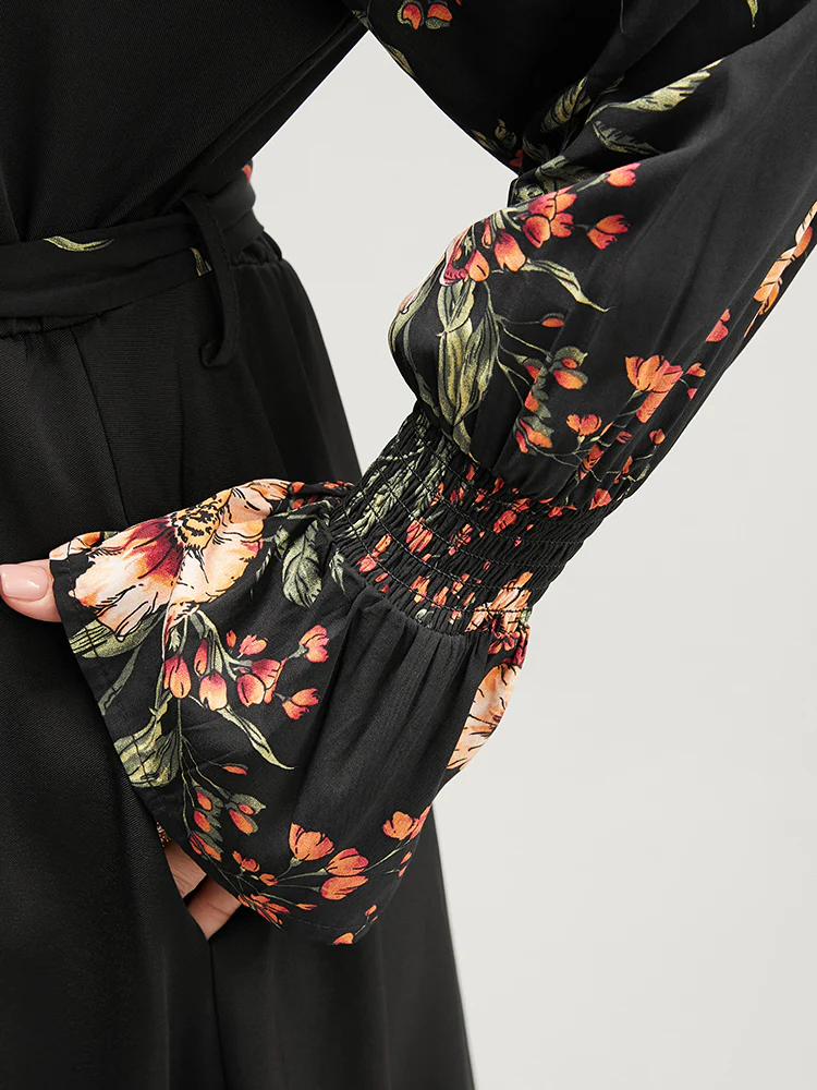 Floral Patchwork Lantern Sleeve Pocket Belted Shirred Mock Neck Dress - Image 8