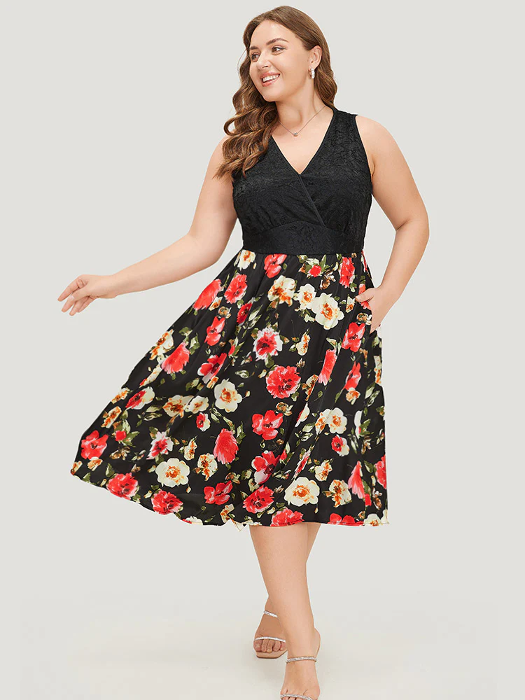 Floral Patchwork Pocket Wrap Tank Dress - Image 2
