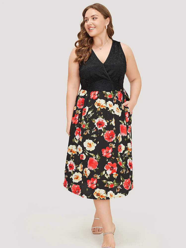 Floral Patchwork Pocket Wrap Tank Dress - Image 4