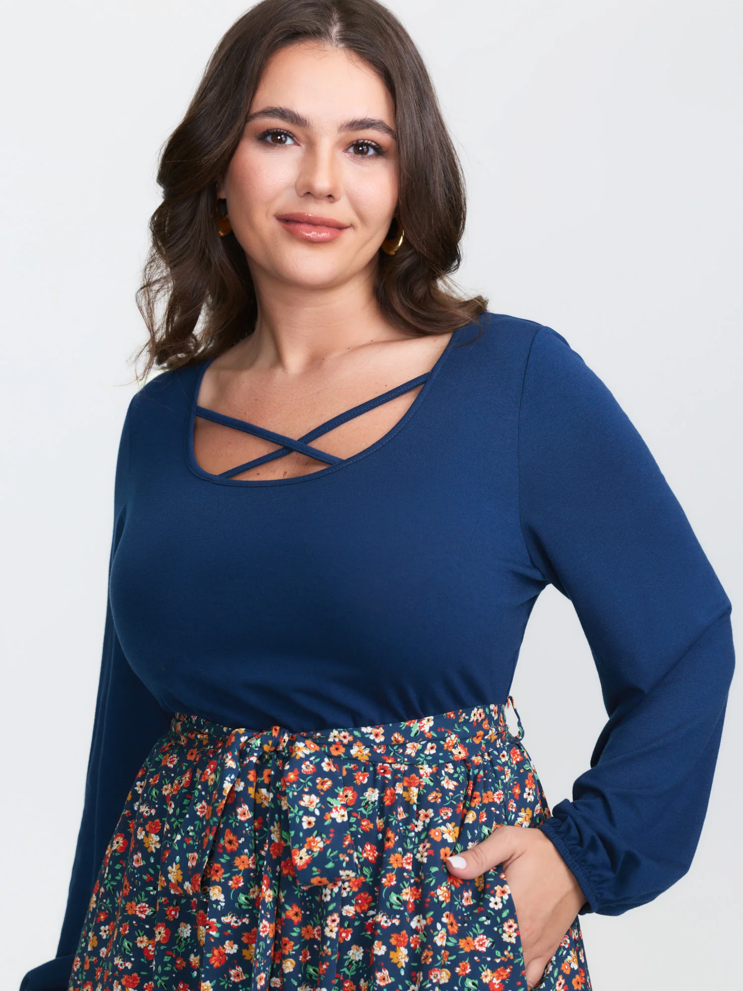 Floral Patchwork Pockets Belted Midi Dress - Image 2