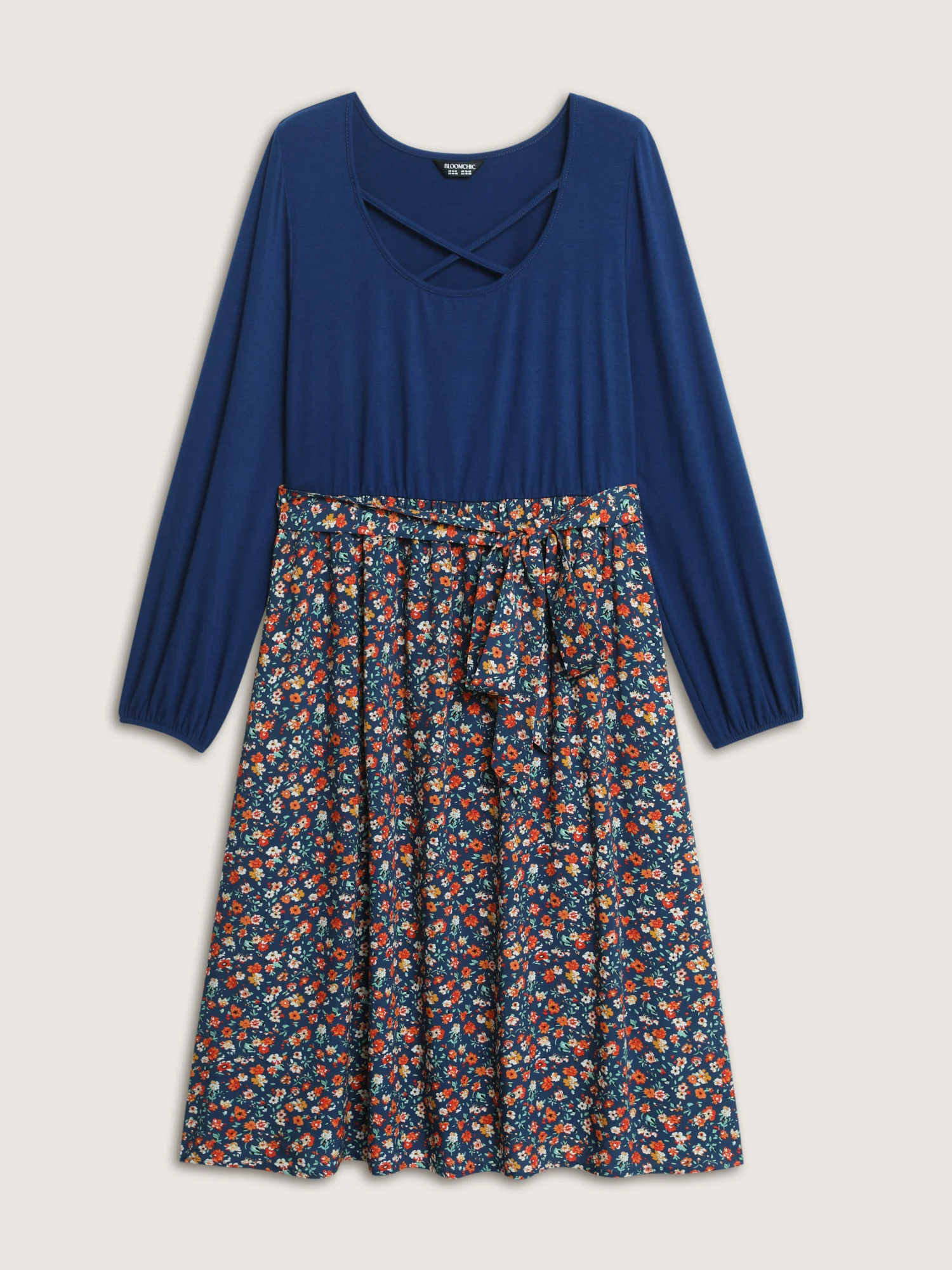 Floral Patchwork Pockets Belted Midi Dress - Image 7