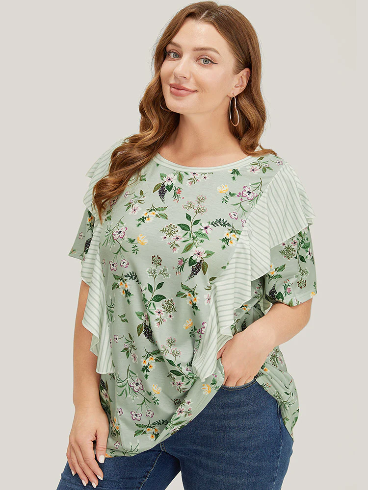 Floral Patchwork Round Neck Striped Ruffle Trim T-shirt - Image 2
