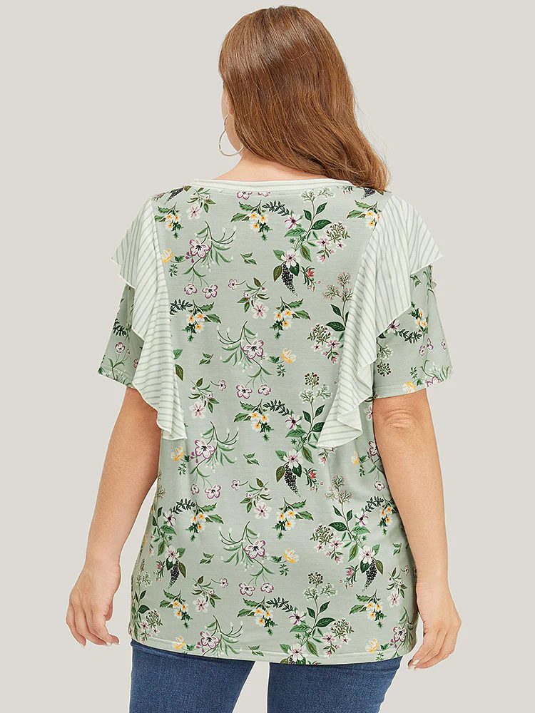 Floral Patchwork Round Neck Striped Ruffle Trim T-shirt - Image 3
