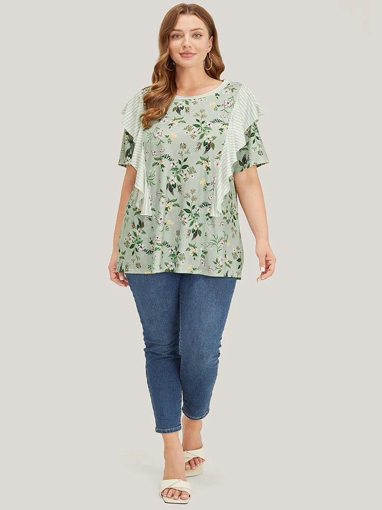 Floral Patchwork Round Neck Striped Ruffle Trim T-shirt - Image 4