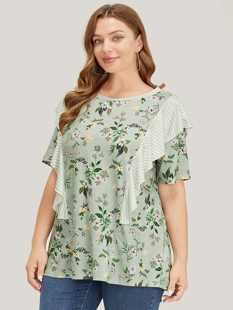 Floral Patchwork Round Neck Striped Ruffle Trim T-shirt - Image 5