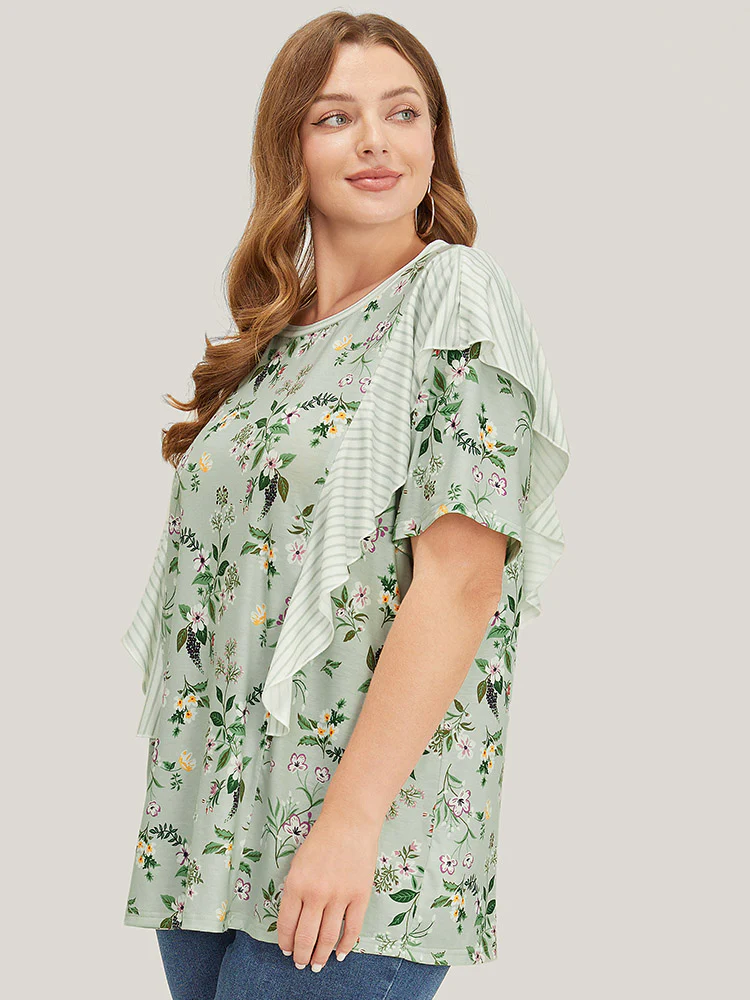 Floral Patchwork Round Neck Striped Ruffle Trim T-shirt - Image 6