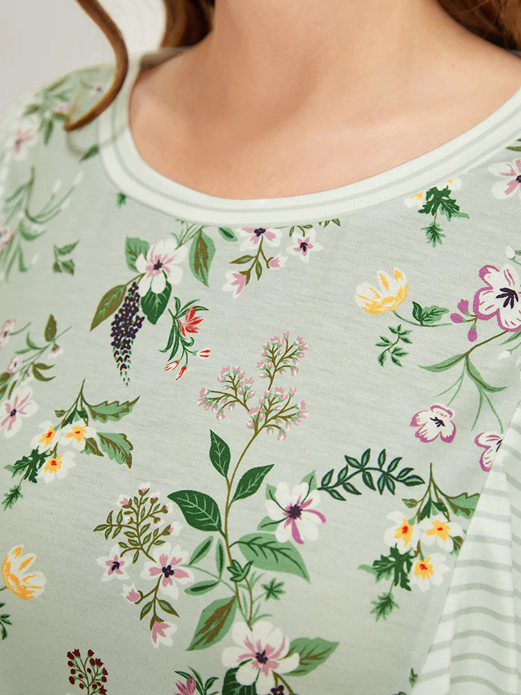 Floral Patchwork Round Neck Striped Ruffle Trim T-shirt - Image 7