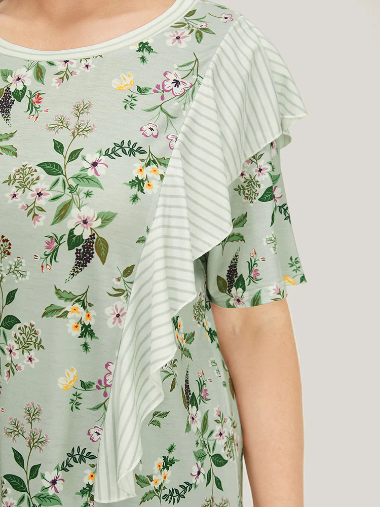 Floral Patchwork Round Neck Striped Ruffle Trim T-shirt - Image 8