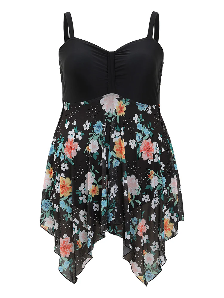 Floral Patchwork Ruched Front Hanky Hem Swim Dress - Image 10