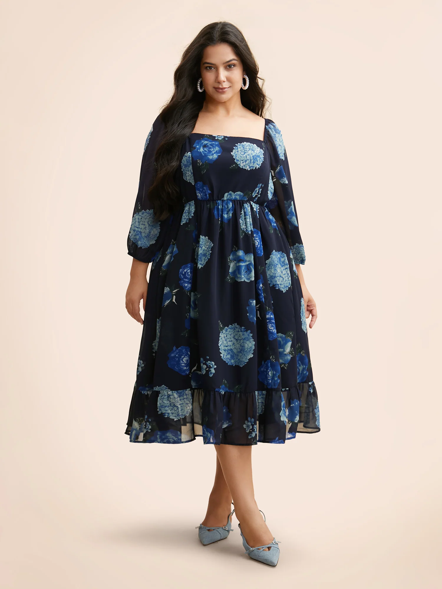 Floral Patchwork Ruffle Hem Mesh Dress - Image 2