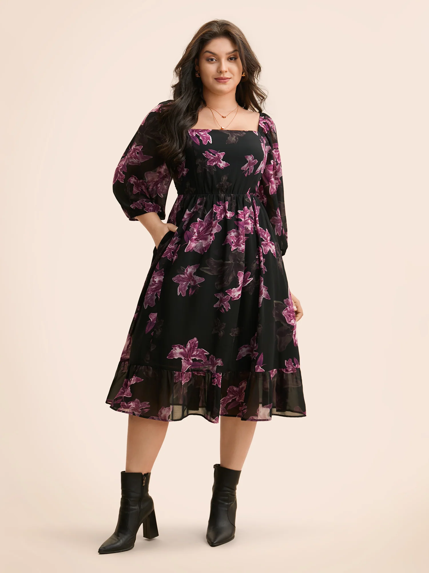 Floral Patchwork Ruffle Hem Mesh Dress - Image 4