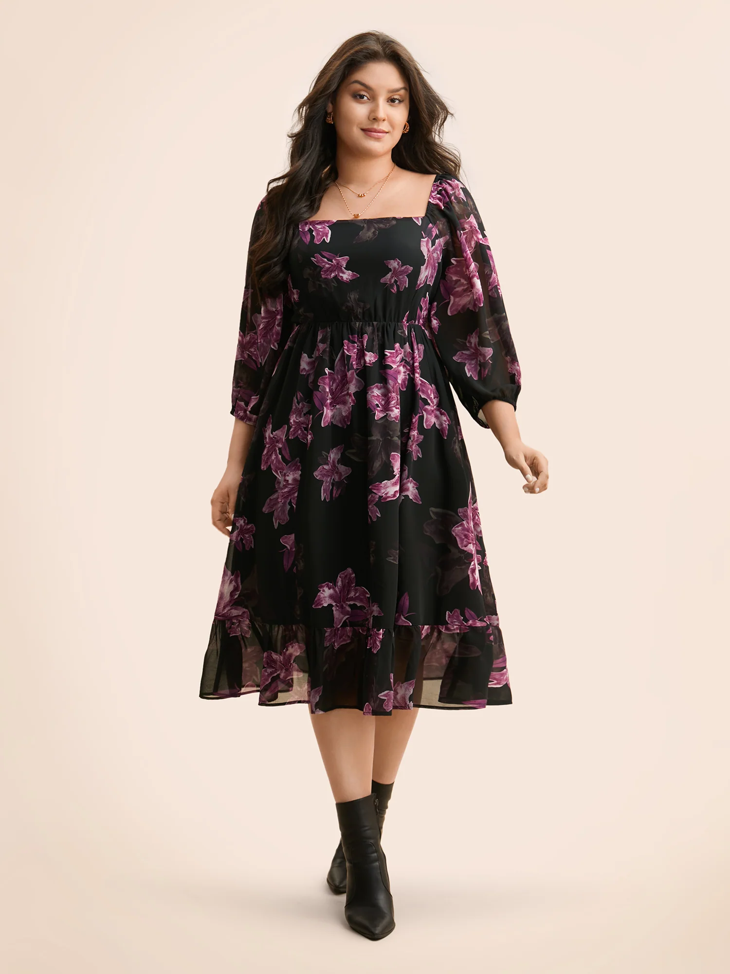 Floral Patchwork Ruffle Hem Mesh Dress - Image 5