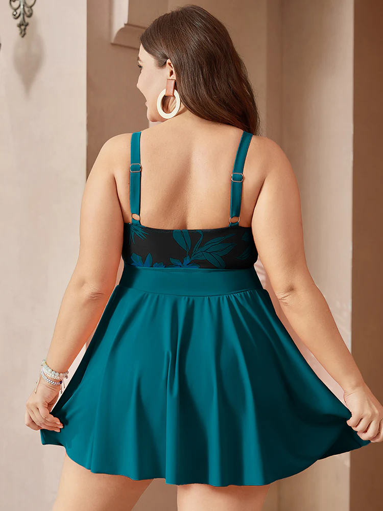 Floral Patchwork Ruffle Hem Sculpt Waist Swim Dress - Image 2