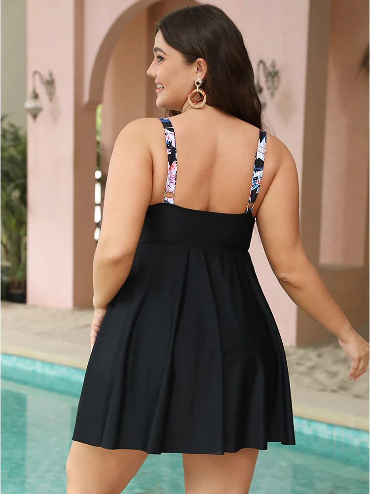 Floral Patchwork Ruffle Hem Twist Front Swim Dress - Image 2