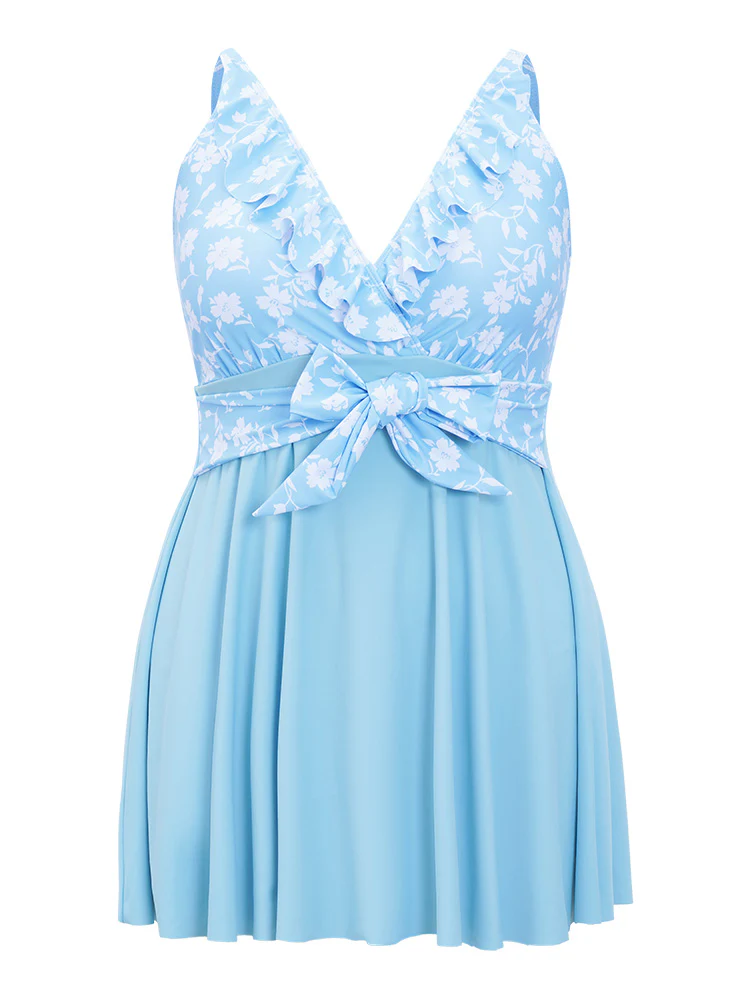 Floral Patchwork Ruffle Trim Knot Front Swim Dress - Image 10