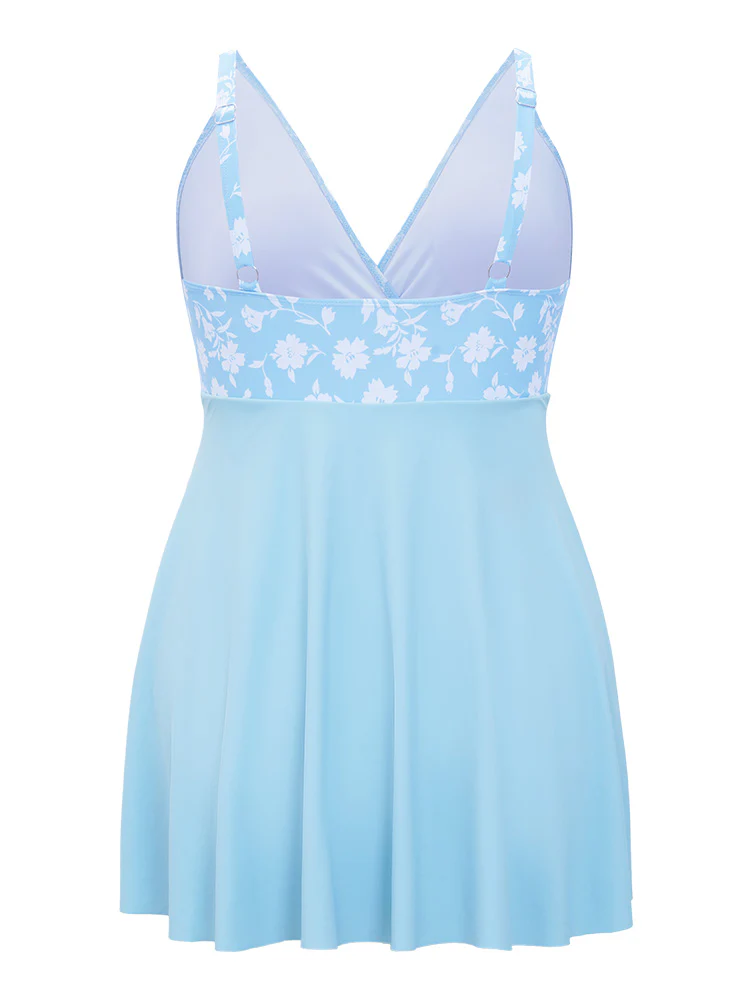 Floral Patchwork Ruffle Trim Knot Front Swim Dress - Image 11