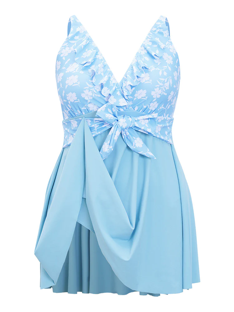 Floral Patchwork Ruffle Trim Knot Front Swim Dress - Image 12