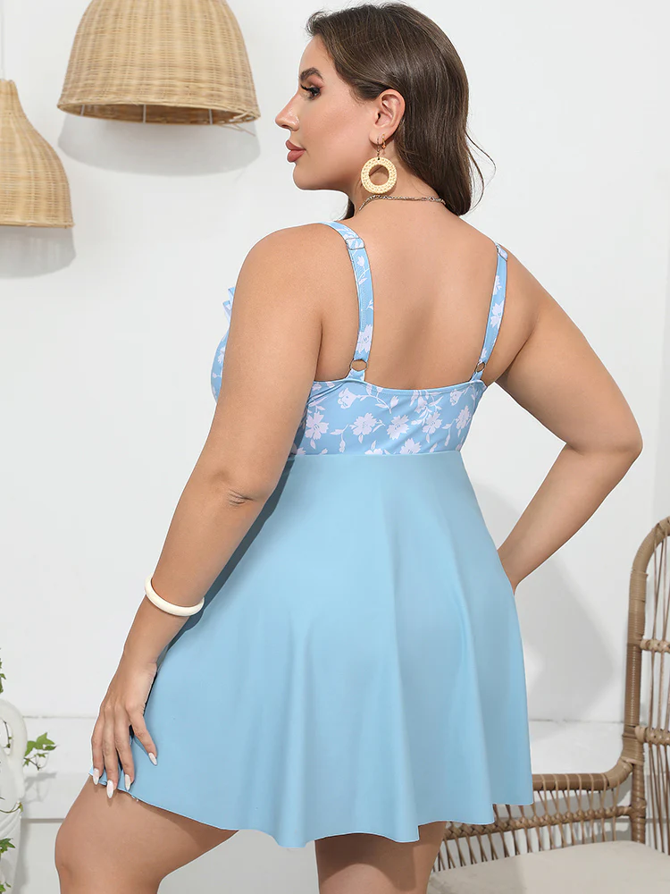 Floral Patchwork Ruffle Trim Knot Front Swim Dress - Image 2