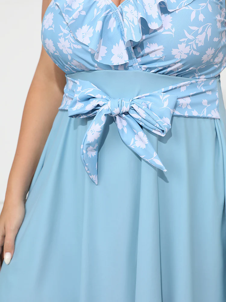 Floral Patchwork Ruffle Trim Knot Front Swim Dress - Image 3