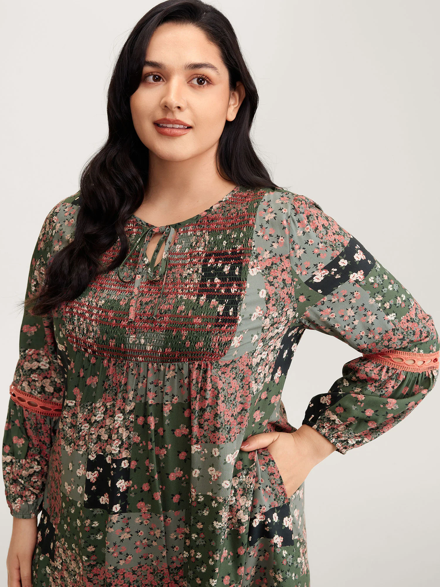 Floral Patchwork Shirred Pockets Midi Dress - Image 2