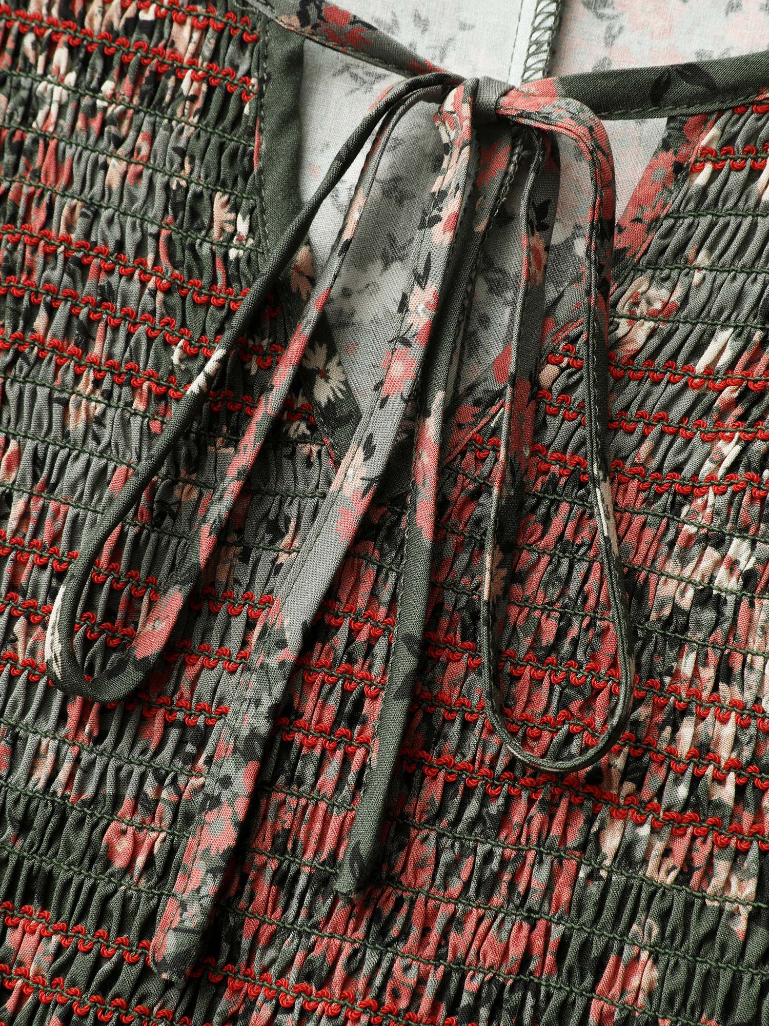 Floral Patchwork Shirred Pockets Midi Dress - Image 5