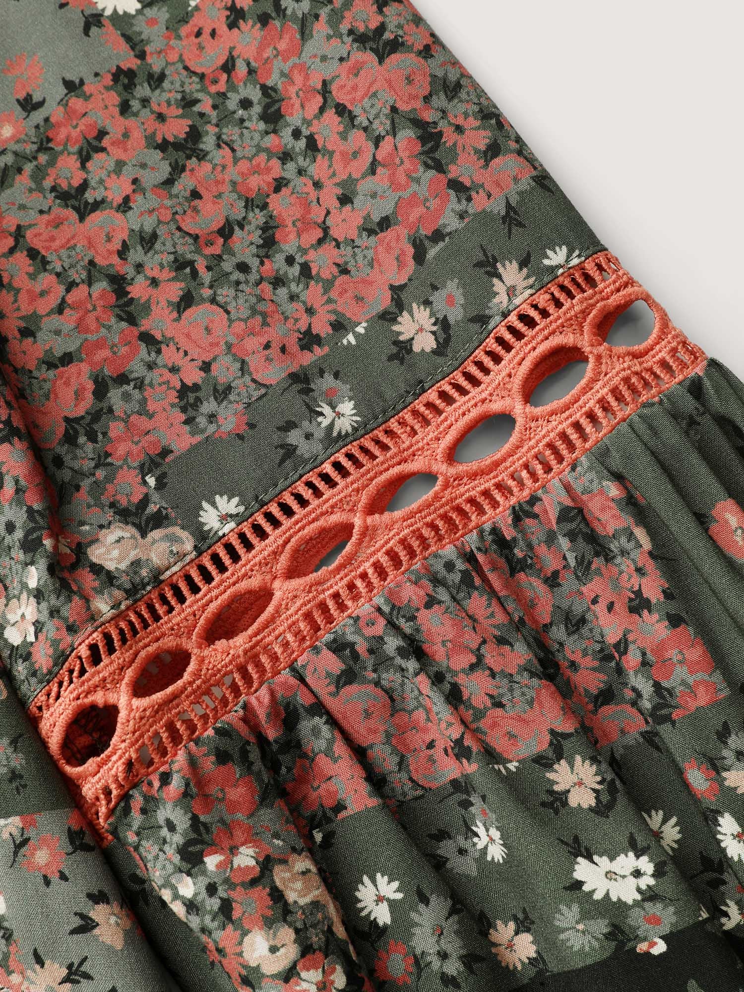 Floral Patchwork Shirred Pockets Midi Dress - Image 6