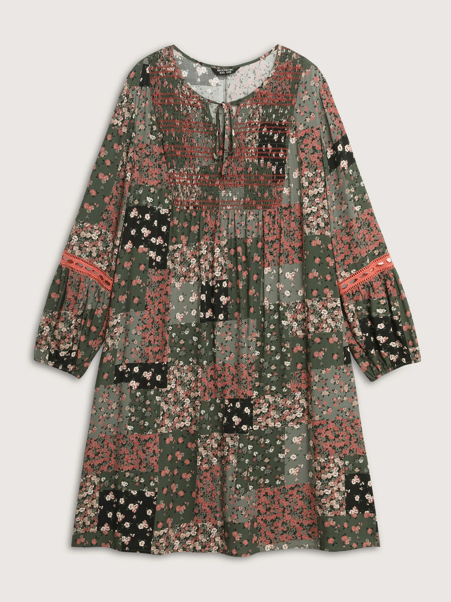 Floral Patchwork Shirred Pockets Midi Dress - Image 7