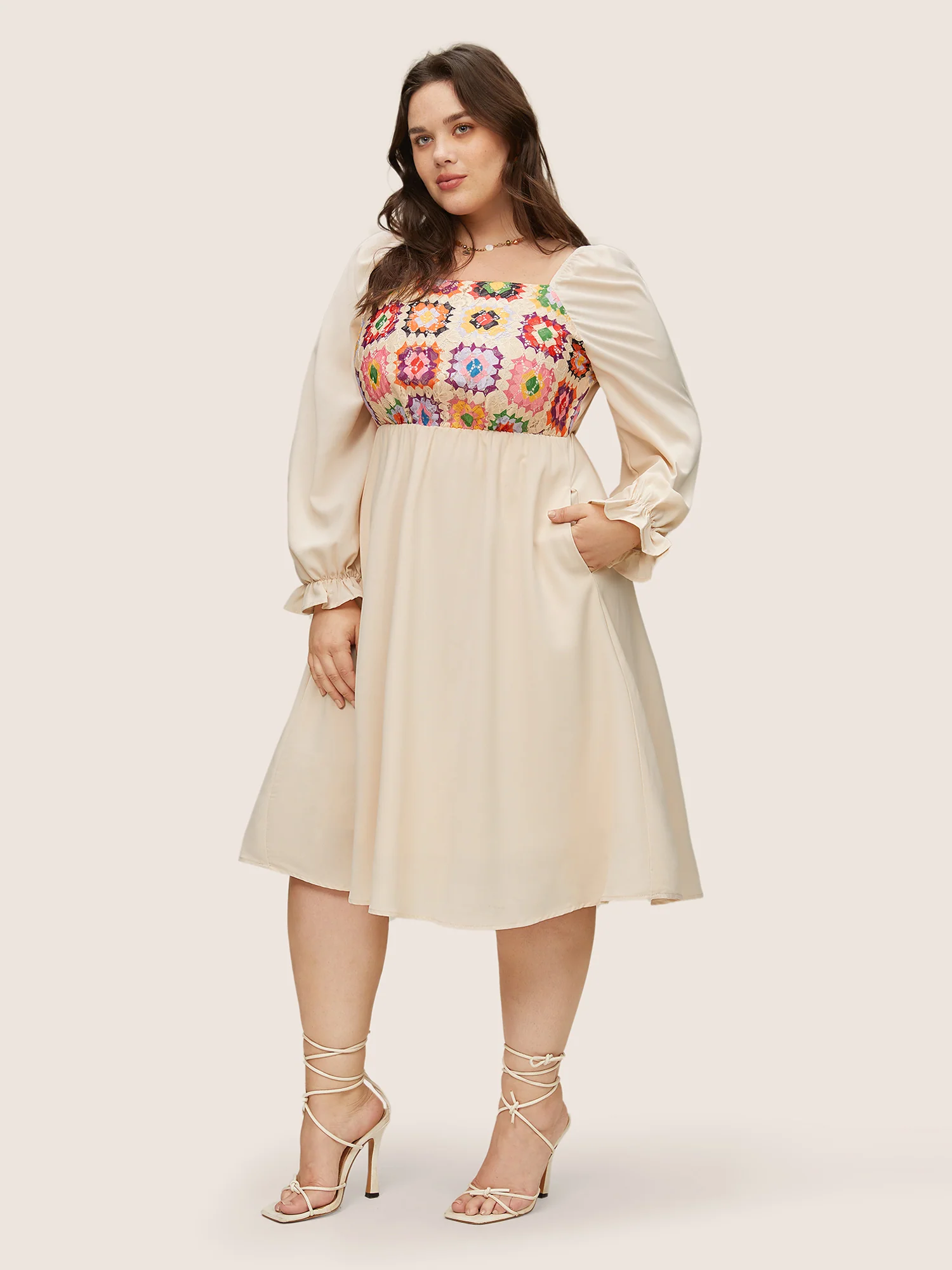 Floral Patchwork Square Neck Gathered Dress - Image 2