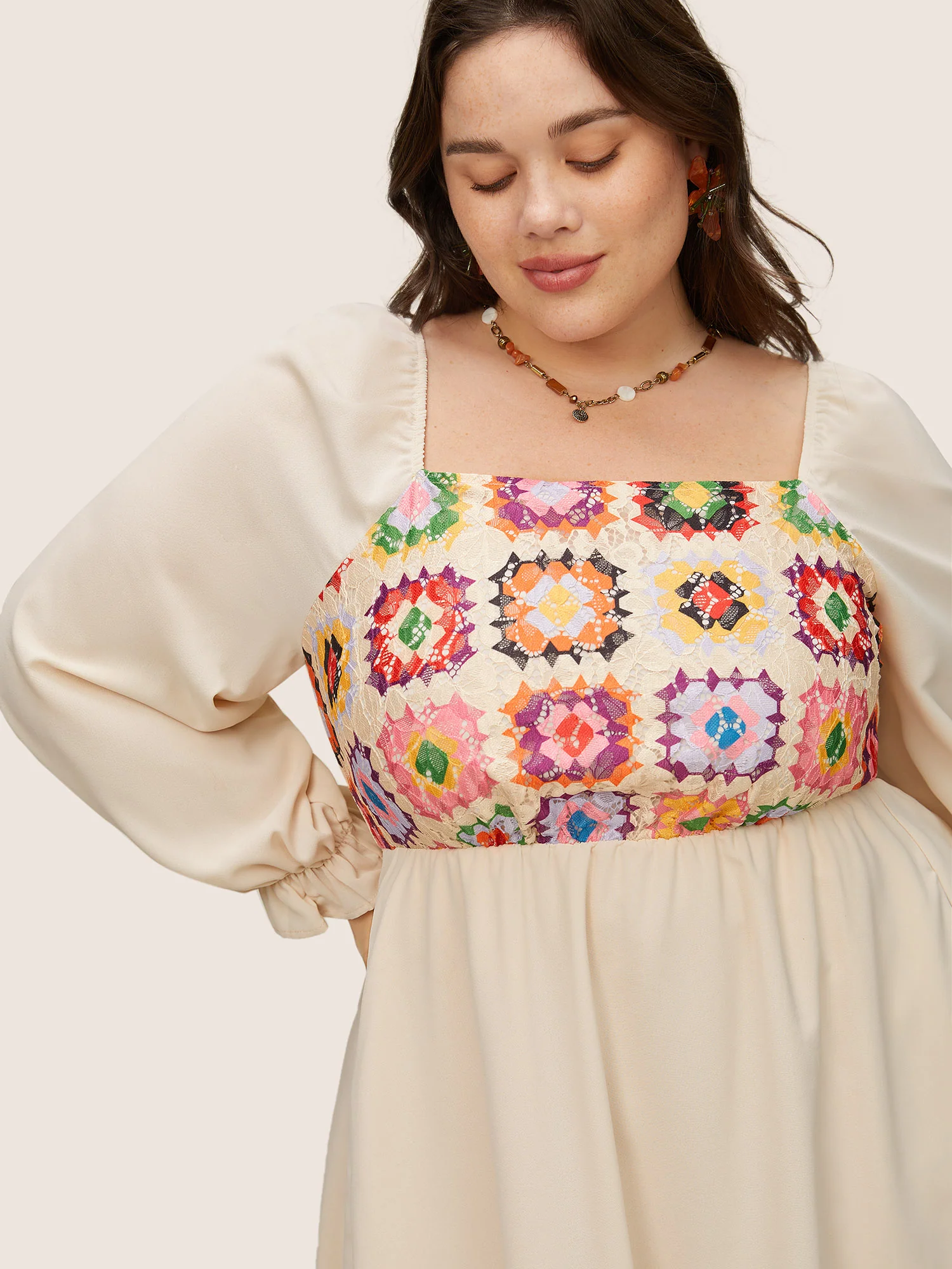 Floral Patchwork Square Neck Gathered Dress - Image 4